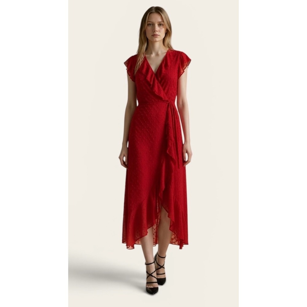 Wrap Dress S Red Ruffle Clip Dot Midi High Low Romantic Wedding Guest Coquette
